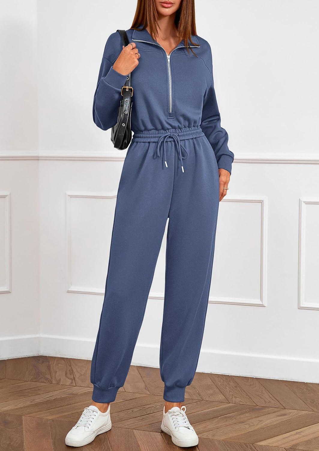 imagePRETTYGARDEN Long Sleeve Jumpsuits for Women Casual 2025 Fall Fashion Zip Up Pant Rompers One Piece Sweatsuits Travel OutfitsDusty Blue