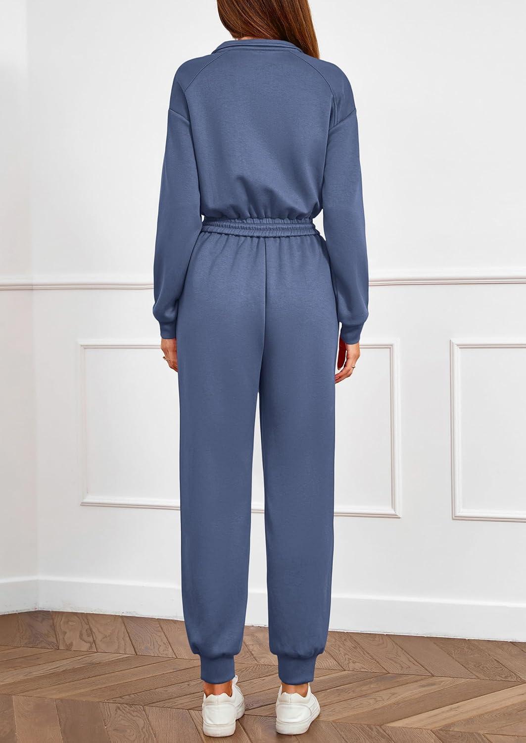 imagePRETTYGARDEN Long Sleeve Jumpsuits for Women Casual 2025 Fall Fashion Zip Up Pant Rompers One Piece Sweatsuits Travel OutfitsDusty Blue