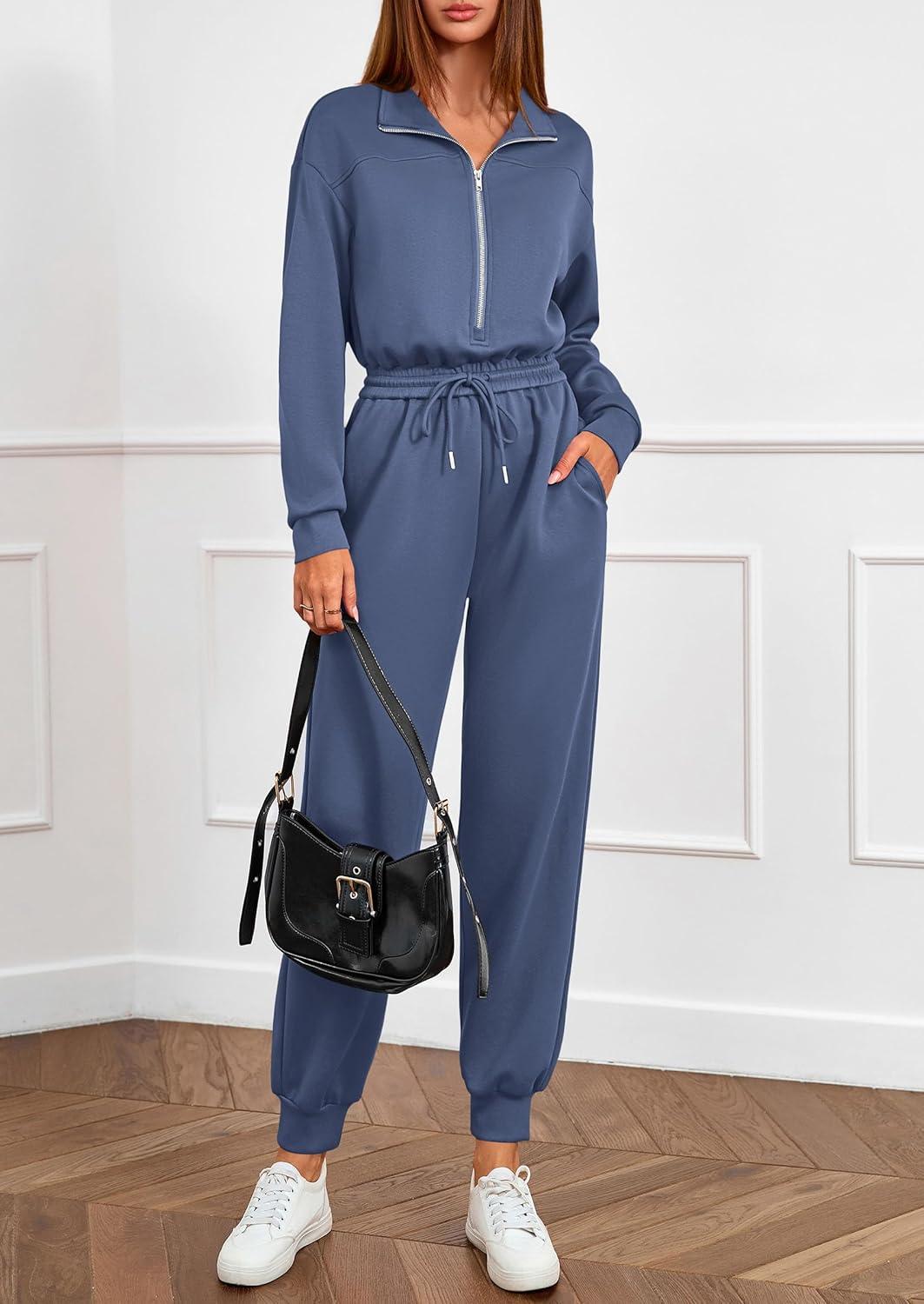 imagePRETTYGARDEN Long Sleeve Jumpsuits for Women Casual 2025 Fall Fashion Zip Up Pant Rompers One Piece Sweatsuits Travel OutfitsDusty Blue