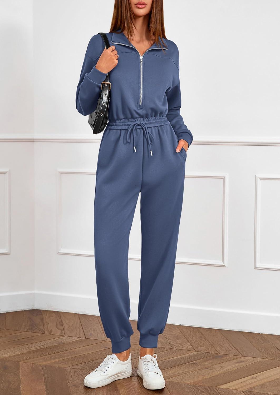 imagePRETTYGARDEN Long Sleeve Jumpsuits for Women Casual 2025 Fall Fashion Zip Up Pant Rompers One Piece Sweatsuits Travel OutfitsDusty Blue