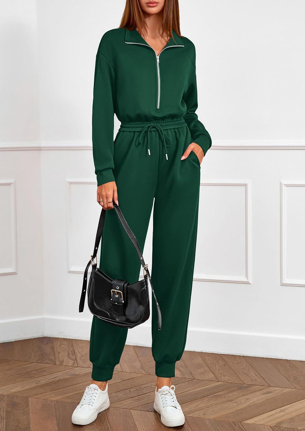 imagePRETTYGARDEN Long Sleeve Jumpsuits for Women Casual 2025 Fall Fashion Zip Up Pant Rompers One Piece Sweatsuits Travel OutfitsGreen
