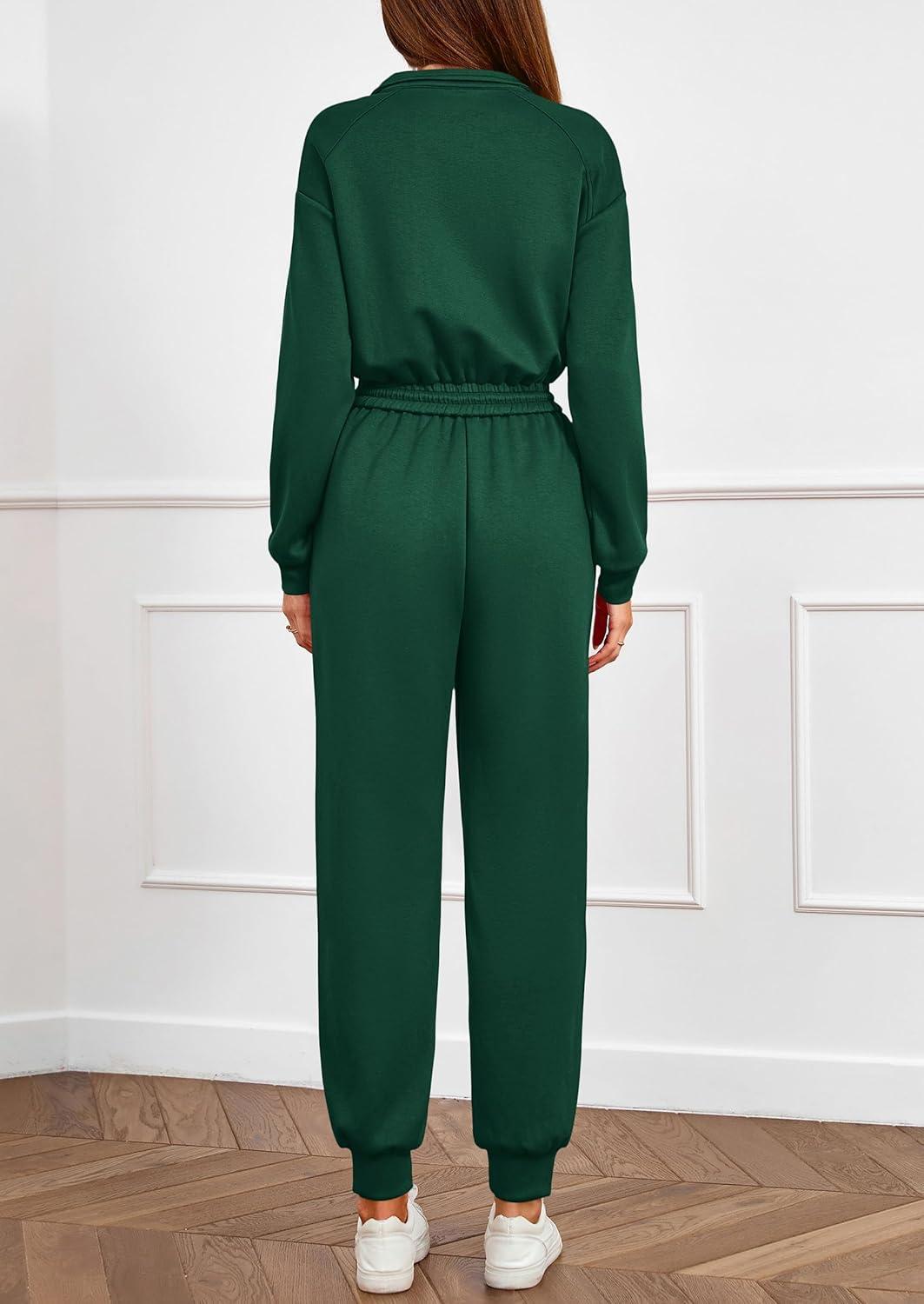 imagePRETTYGARDEN Long Sleeve Jumpsuits for Women Casual 2025 Fall Fashion Zip Up Pant Rompers One Piece Sweatsuits Travel OutfitsGreen