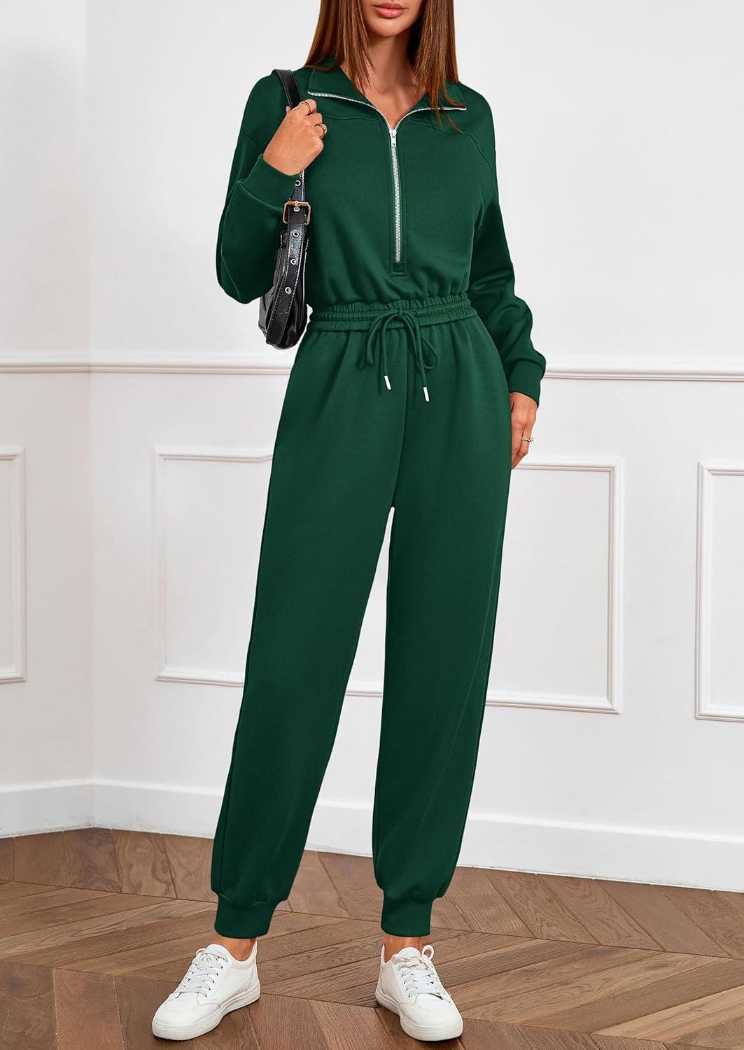 imagePRETTYGARDEN Long Sleeve Jumpsuits for Women Casual 2025 Fall Fashion Zip Up Pant Rompers One Piece Sweatsuits Travel OutfitsGreen