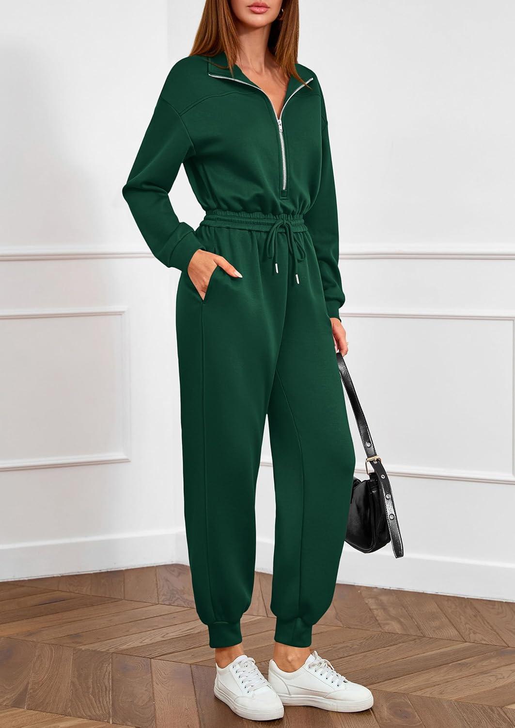 imagePRETTYGARDEN Long Sleeve Jumpsuits for Women Casual 2025 Fall Fashion Zip Up Pant Rompers One Piece Sweatsuits Travel OutfitsGreen