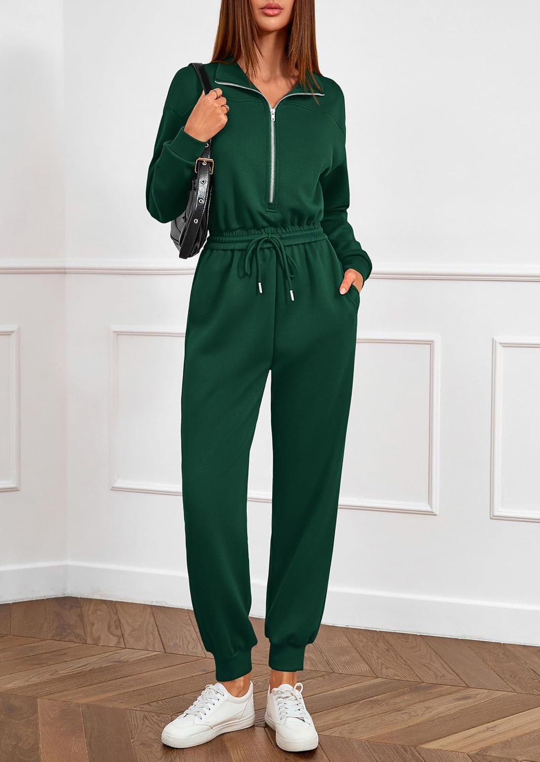 imagePRETTYGARDEN Long Sleeve Jumpsuits for Women Casual 2025 Fall Fashion Zip Up Pant Rompers One Piece Sweatsuits Travel OutfitsGreen