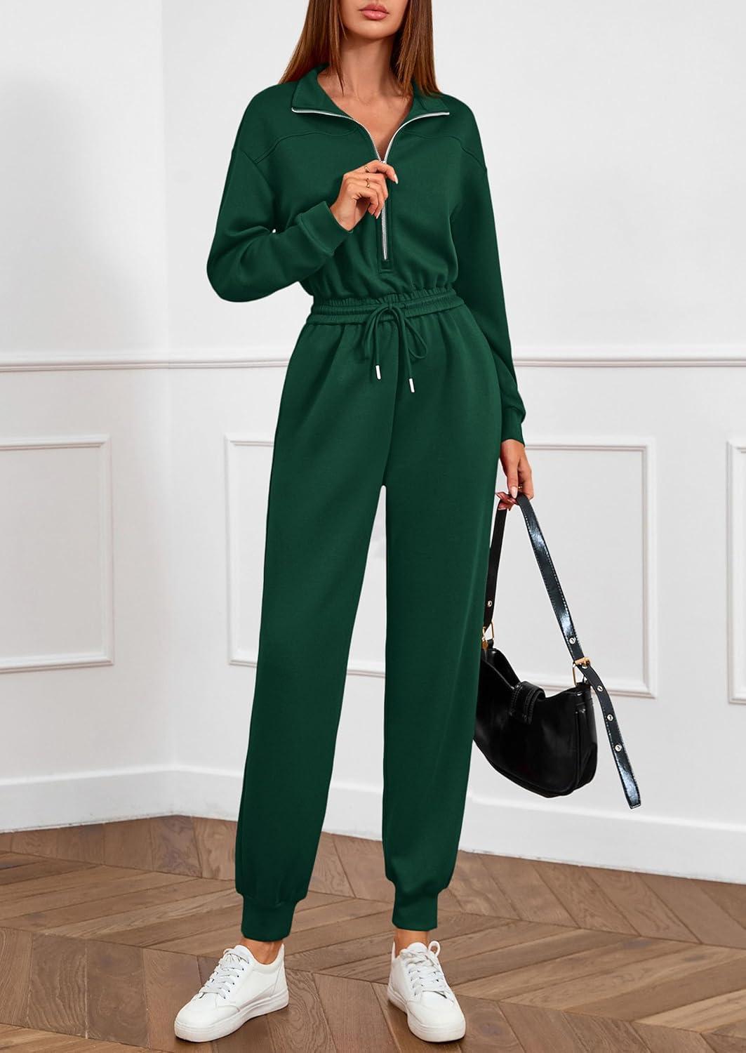 imagePRETTYGARDEN Long Sleeve Jumpsuits for Women Casual 2025 Fall Fashion Zip Up Pant Rompers One Piece Sweatsuits Travel OutfitsGreen