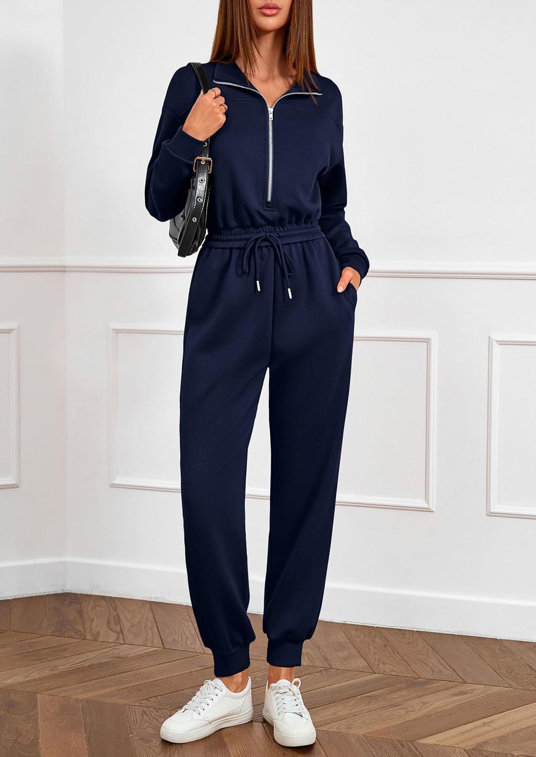 imagePRETTYGARDEN Long Sleeve Jumpsuits for Women Casual 2025 Fall Fashion Zip Up Pant Rompers One Piece Sweatsuits Travel OutfitsNavy Blue