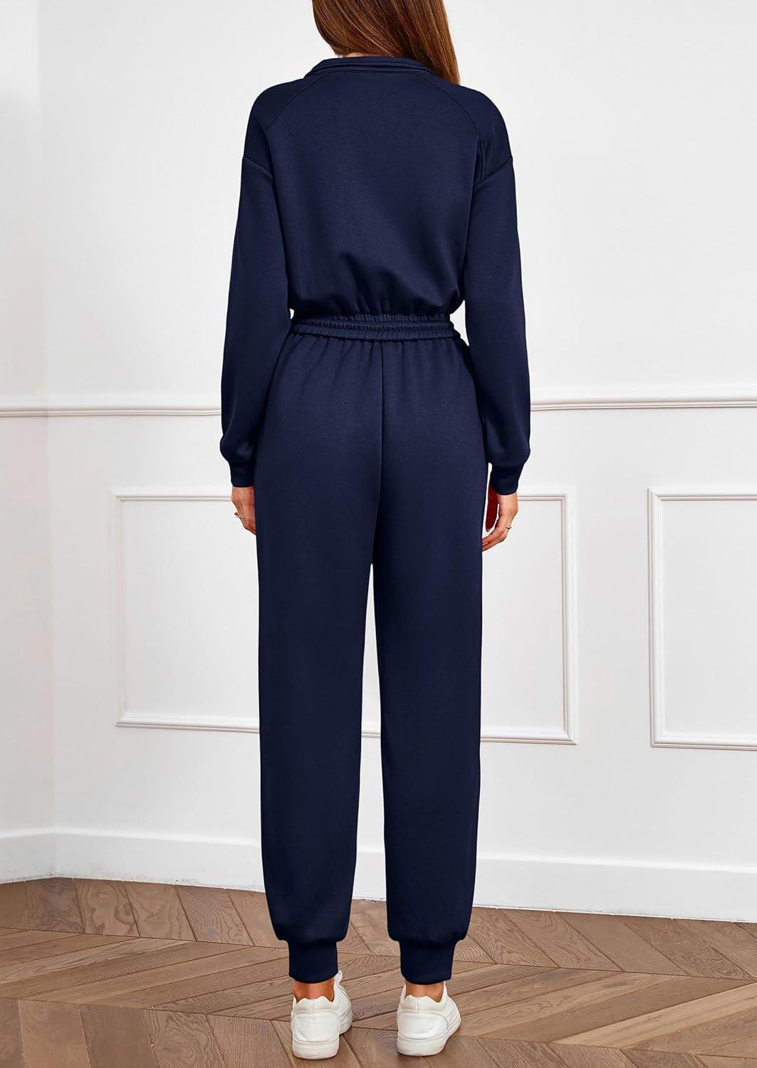 imagePRETTYGARDEN Long Sleeve Jumpsuits for Women Casual 2025 Fall Fashion Zip Up Pant Rompers One Piece Sweatsuits Travel OutfitsNavy Blue
