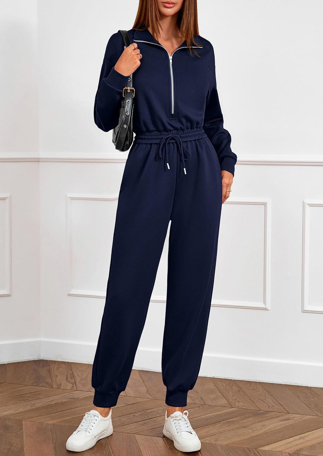 imagePRETTYGARDEN Long Sleeve Jumpsuits for Women Casual 2025 Fall Fashion Zip Up Pant Rompers One Piece Sweatsuits Travel OutfitsNavy Blue