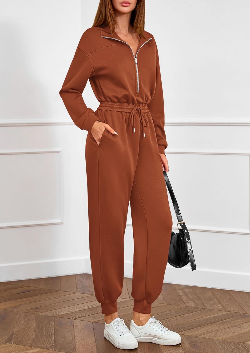 imagePRETTYGARDEN Long Sleeve Jumpsuits for Women Casual 2025 Fall Fashion Zip Up Pant Rompers One Piece Sweatsuits Travel OutfitsRed Brown