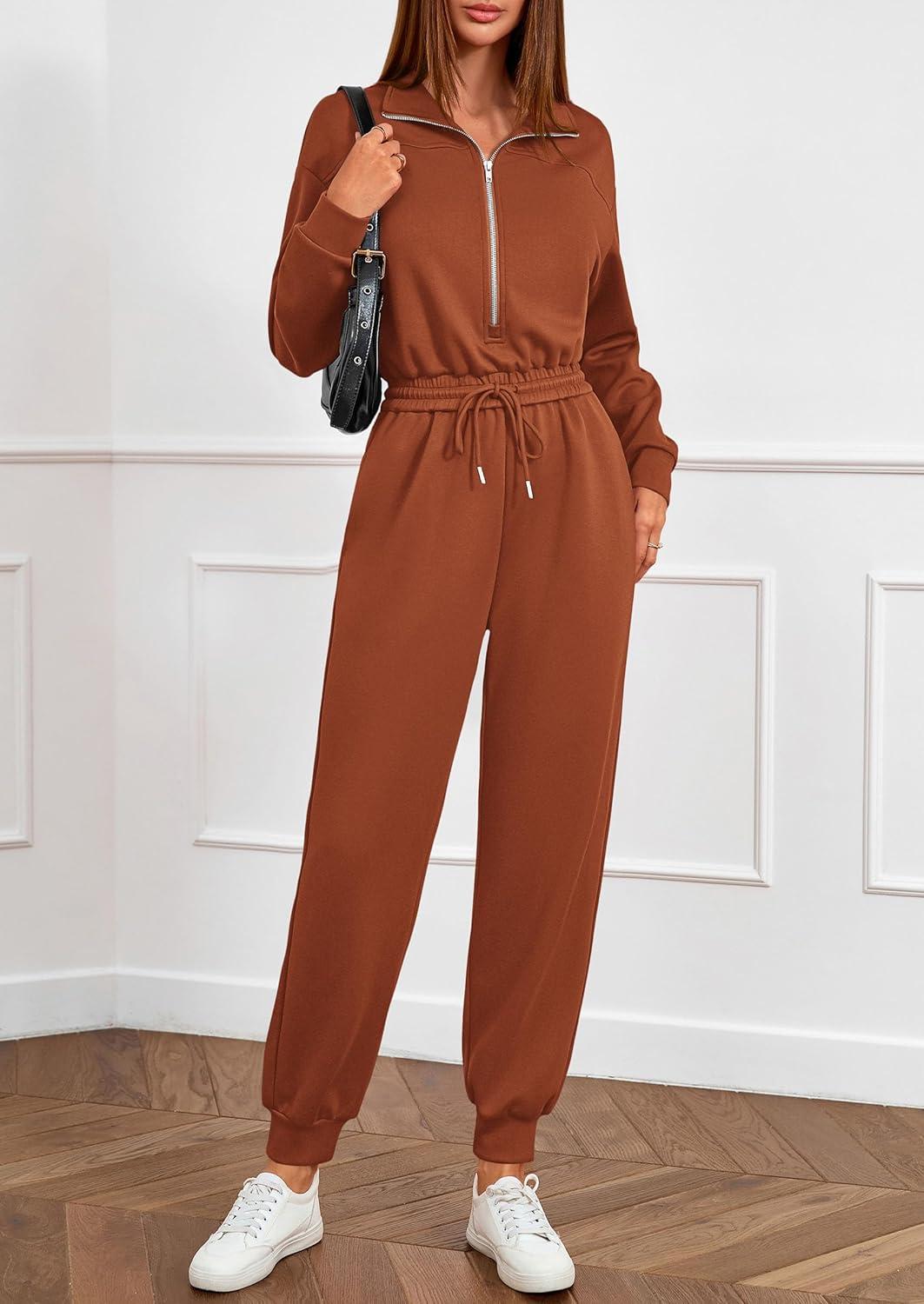 imagePRETTYGARDEN Long Sleeve Jumpsuits for Women Casual 2025 Fall Fashion Zip Up Pant Rompers One Piece Sweatsuits Travel OutfitsRed Brown