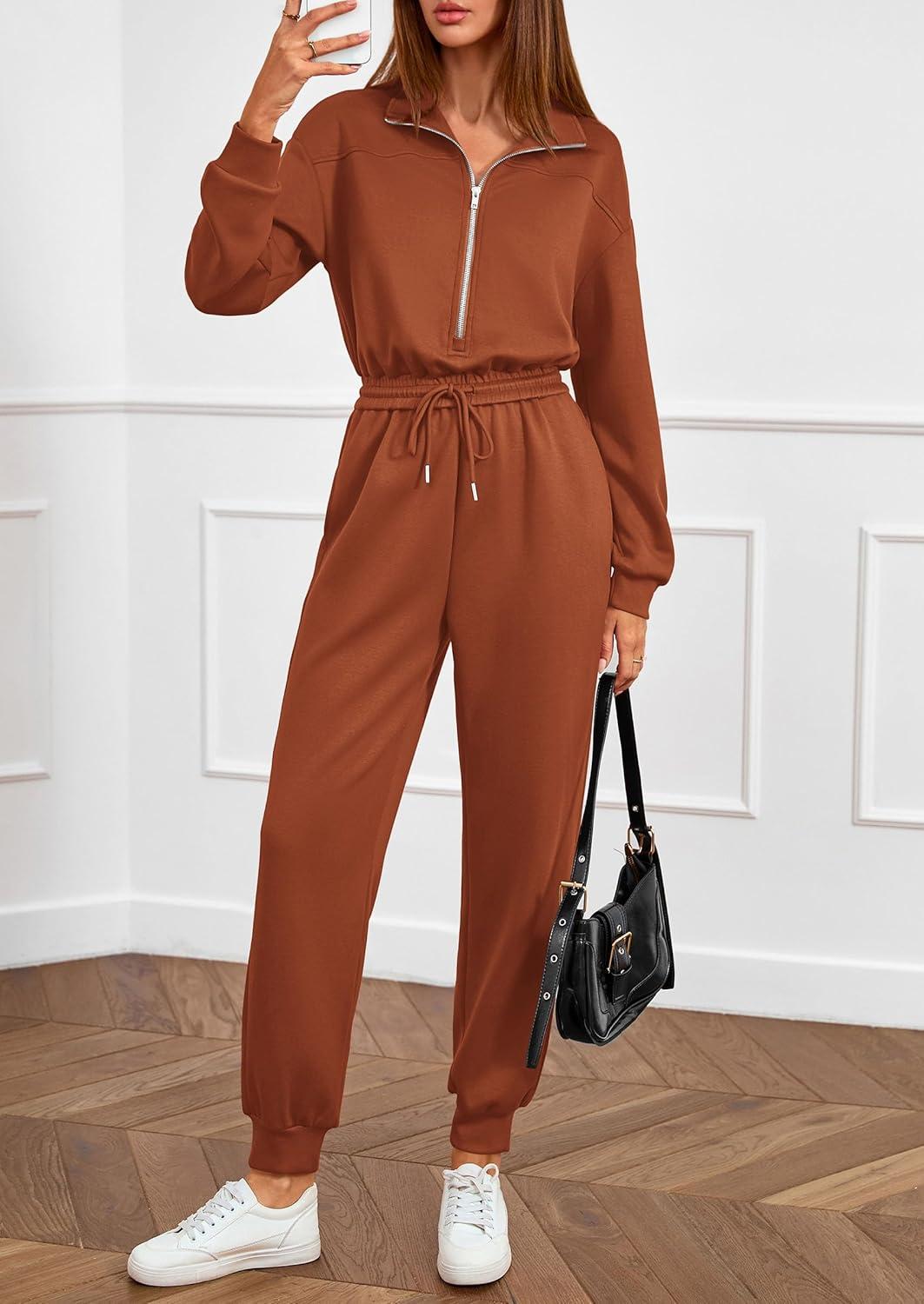 imagePRETTYGARDEN Long Sleeve Jumpsuits for Women Casual 2025 Fall Fashion Zip Up Pant Rompers One Piece Sweatsuits Travel OutfitsRed Brown