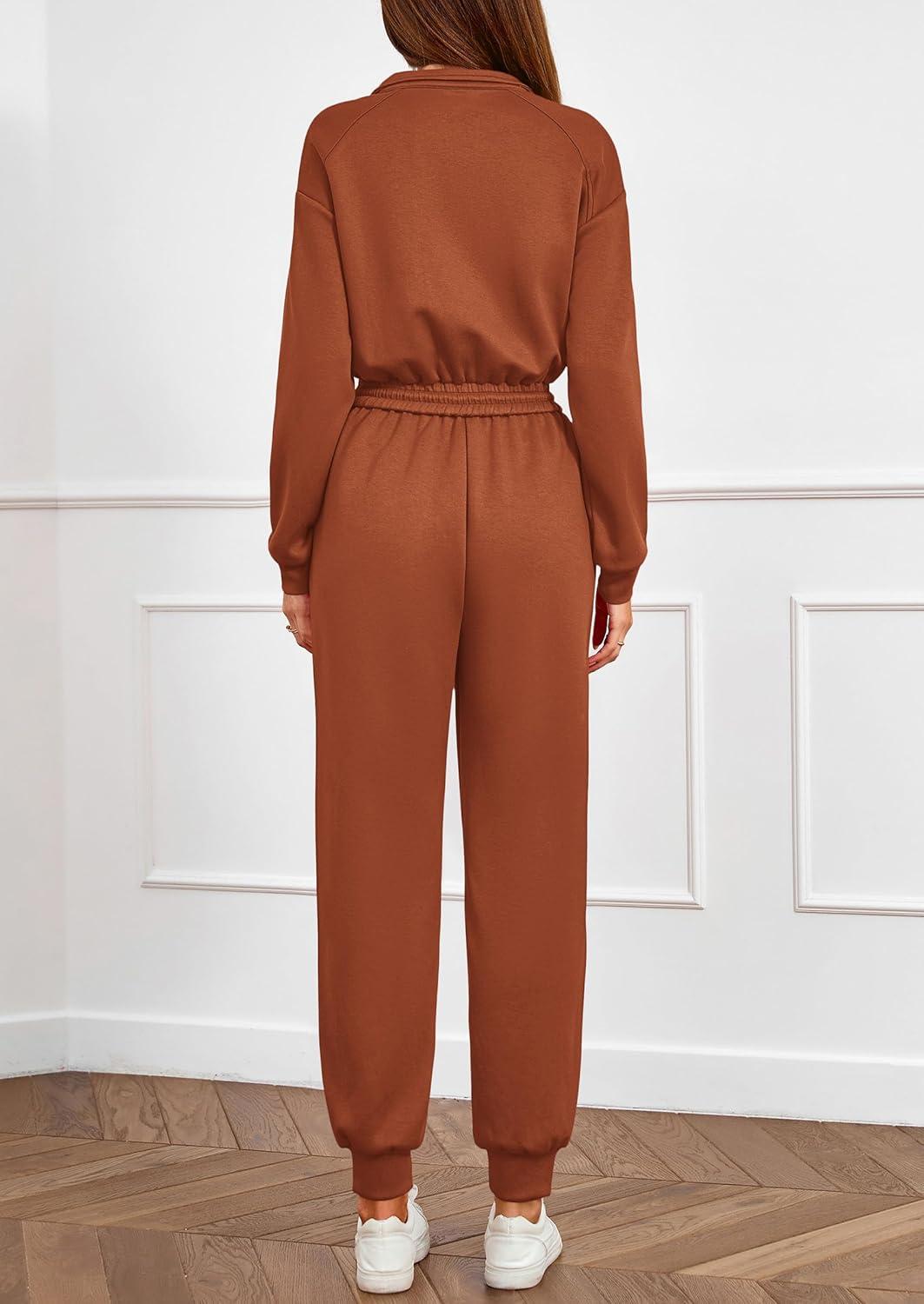 imagePRETTYGARDEN Long Sleeve Jumpsuits for Women Casual 2025 Fall Fashion Zip Up Pant Rompers One Piece Sweatsuits Travel OutfitsRed Brown