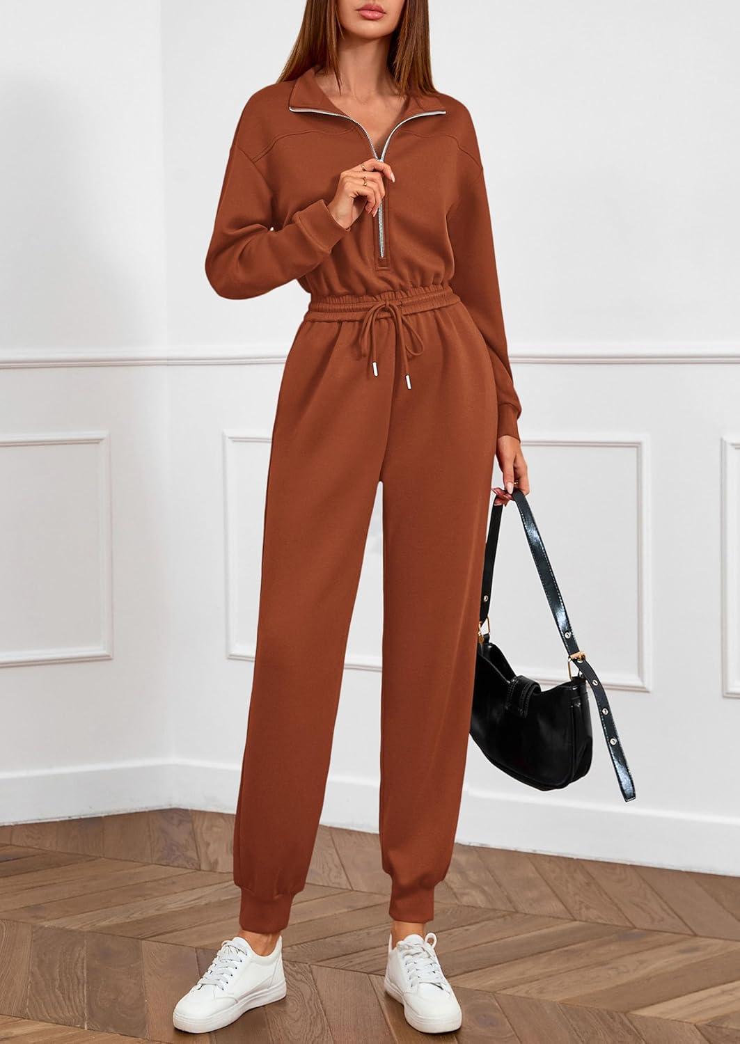 imagePRETTYGARDEN Long Sleeve Jumpsuits for Women Casual 2025 Fall Fashion Zip Up Pant Rompers One Piece Sweatsuits Travel OutfitsRed Brown