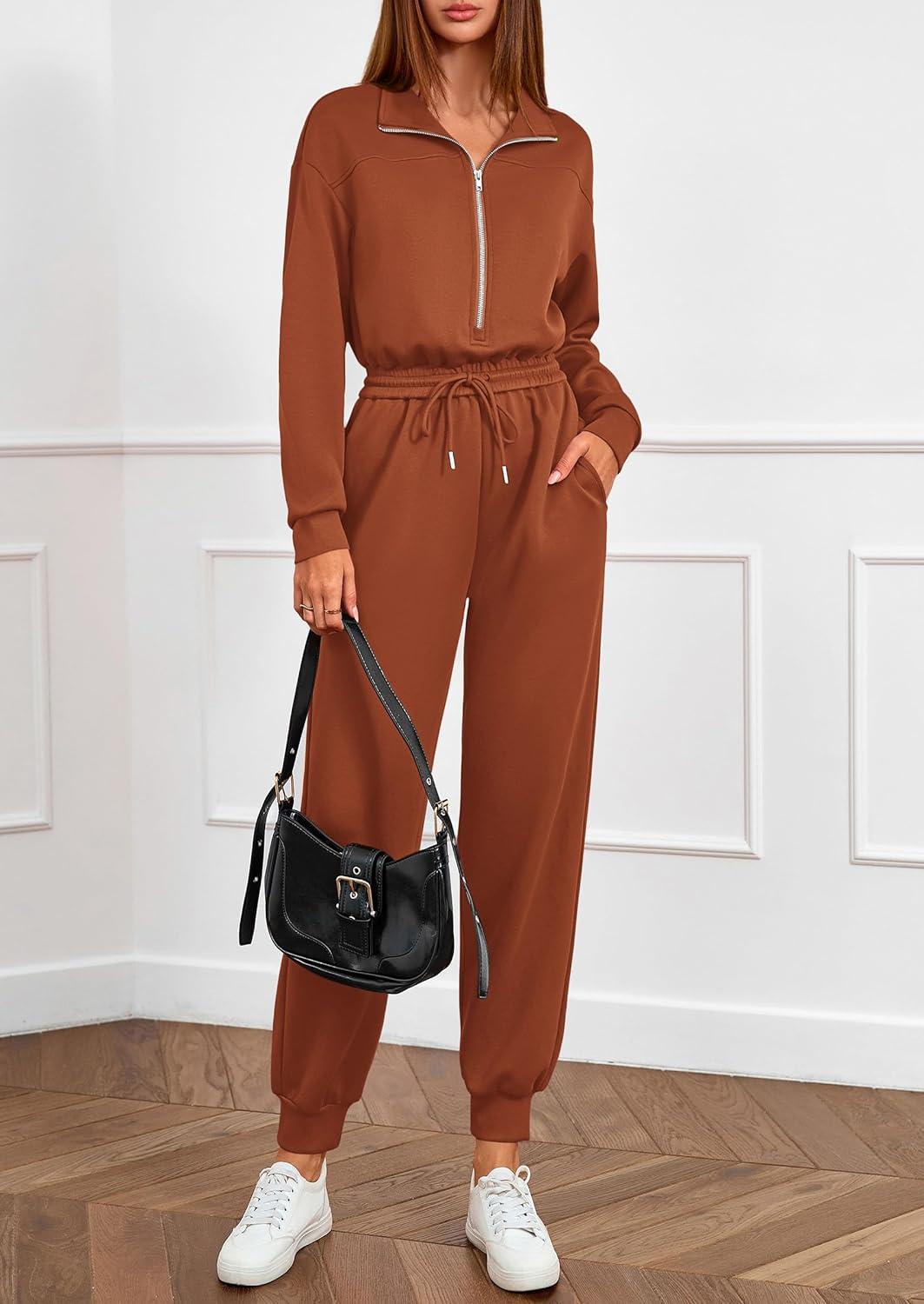 imagePRETTYGARDEN Long Sleeve Jumpsuits for Women Casual 2025 Fall Fashion Zip Up Pant Rompers One Piece Sweatsuits Travel OutfitsRed Brown