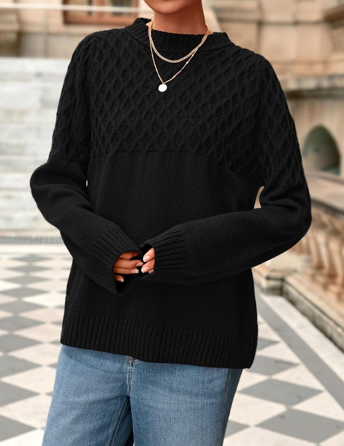 imagePRETTYGARDEN Oversized Sweaters for Women 2025 Fall Cute Cable Knit Long Sleeve Crewneck Chunky Pullover Tops Winter ClothingBlack