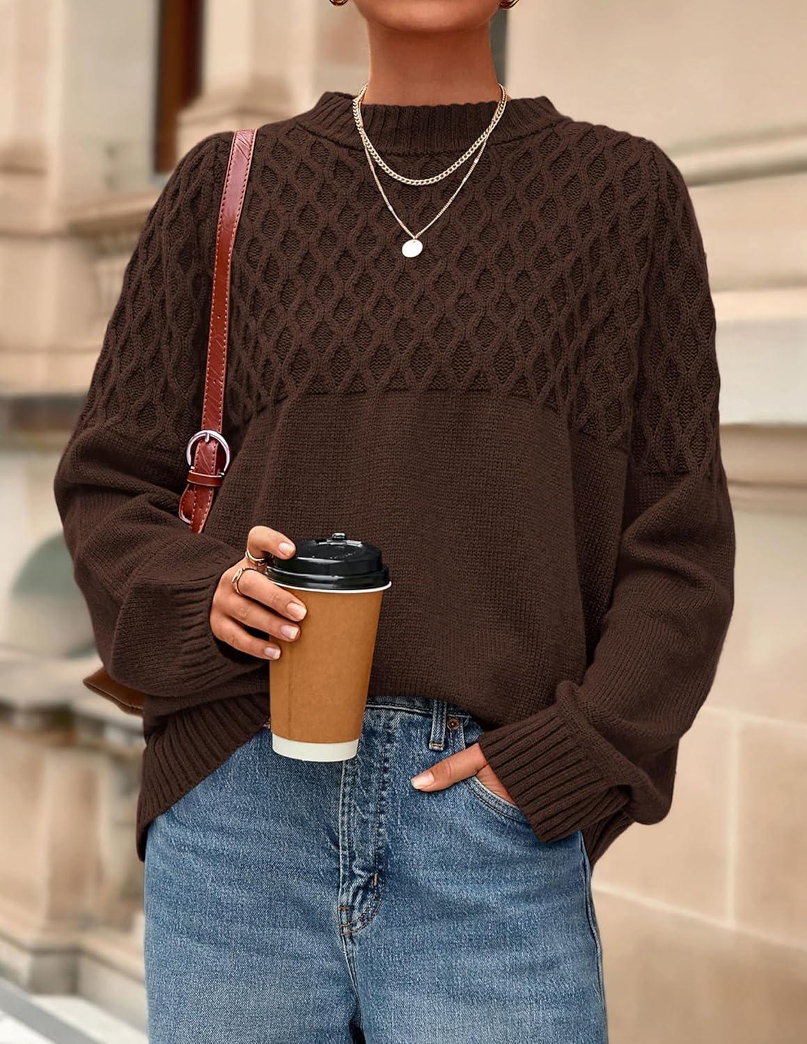 imagePRETTYGARDEN Oversized Sweaters for Women 2025 Fall Cute Cable Knit Long Sleeve Crewneck Chunky Pullover Tops Winter ClothingBrown