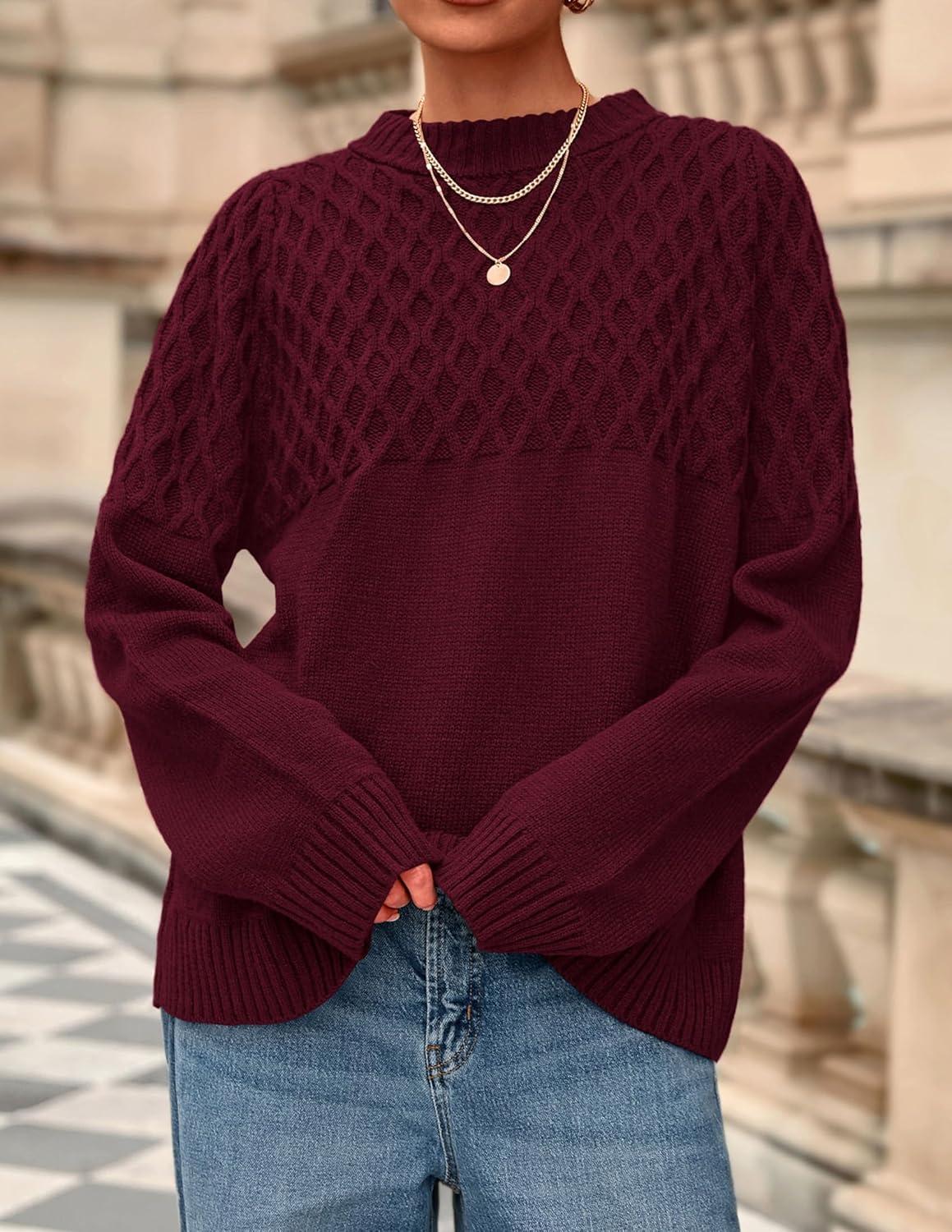 imagePRETTYGARDEN Oversized Sweaters for Women 2025 Fall Cute Cable Knit Long Sleeve Crewneck Chunky Pullover Tops Winter ClothingBurgundy