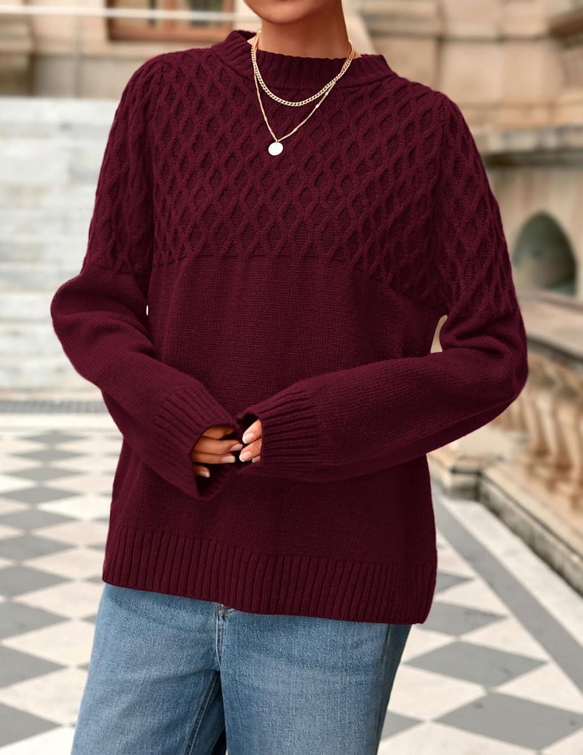 imagePRETTYGARDEN Oversized Sweaters for Women 2025 Fall Cute Cable Knit Long Sleeve Crewneck Chunky Pullover Tops Winter ClothingBurgundy
