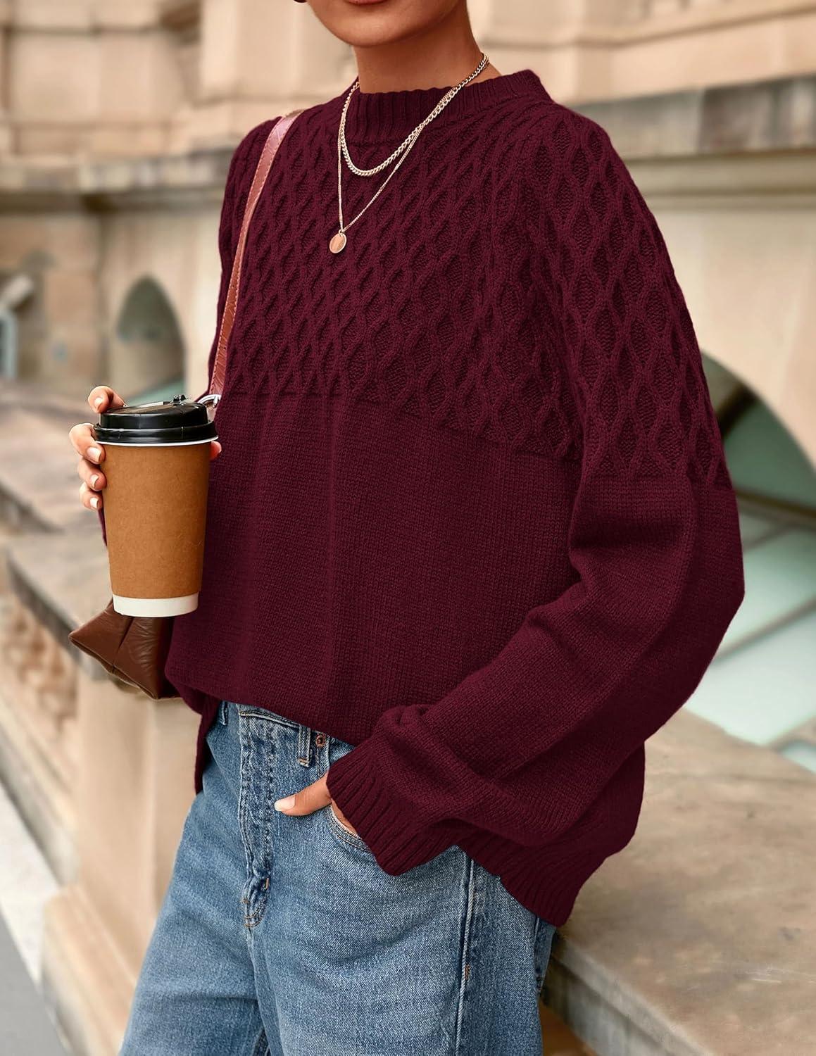 imagePRETTYGARDEN Oversized Sweaters for Women 2025 Fall Cute Cable Knit Long Sleeve Crewneck Chunky Pullover Tops Winter ClothingBurgundy