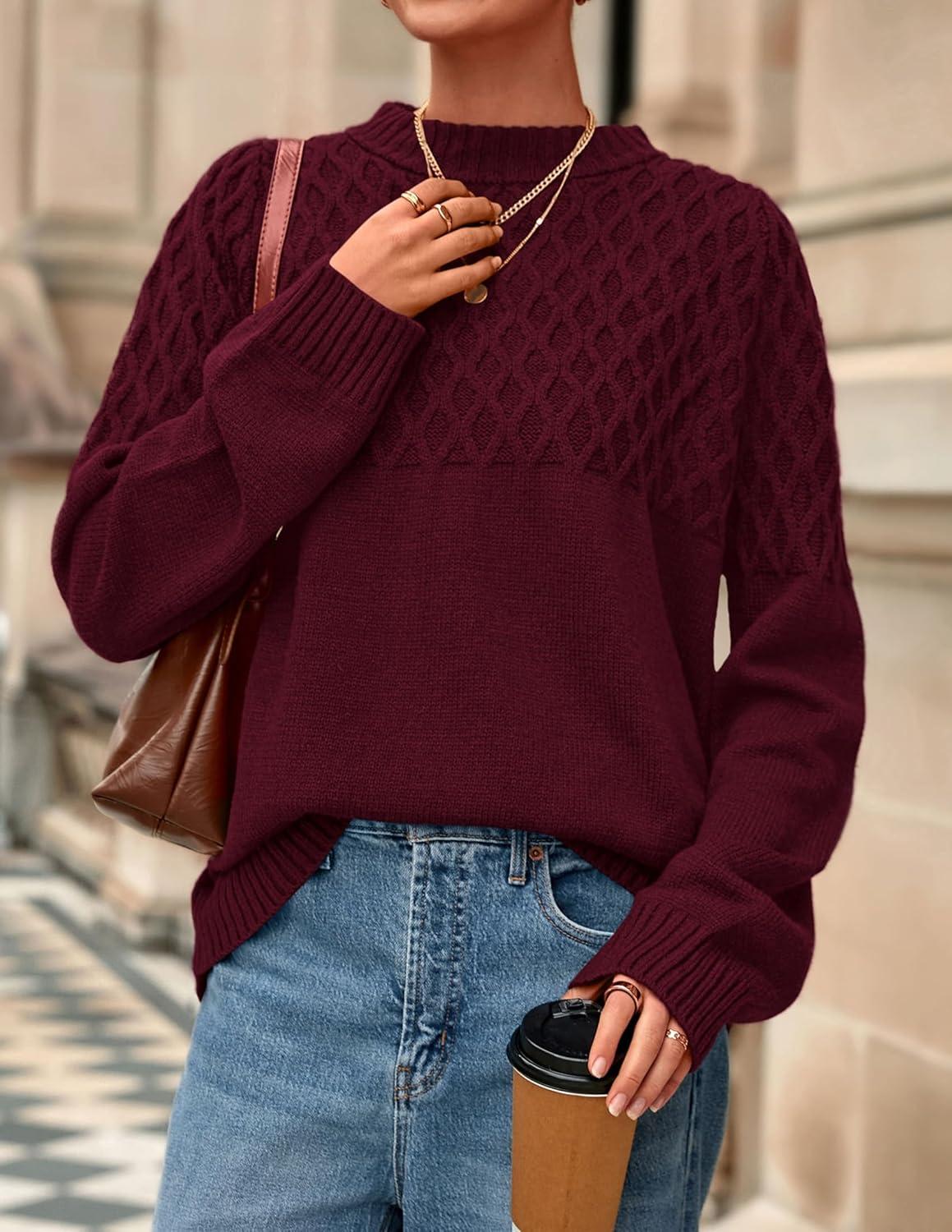 imagePRETTYGARDEN Oversized Sweaters for Women 2025 Fall Cute Cable Knit Long Sleeve Crewneck Chunky Pullover Tops Winter ClothingBurgundy