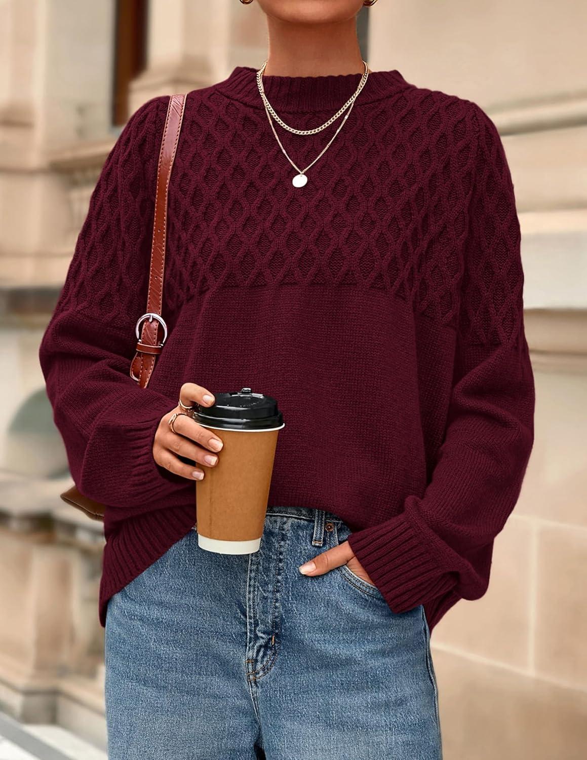 imagePRETTYGARDEN Oversized Sweaters for Women 2025 Fall Cute Cable Knit Long Sleeve Crewneck Chunky Pullover Tops Winter ClothingBurgundy
