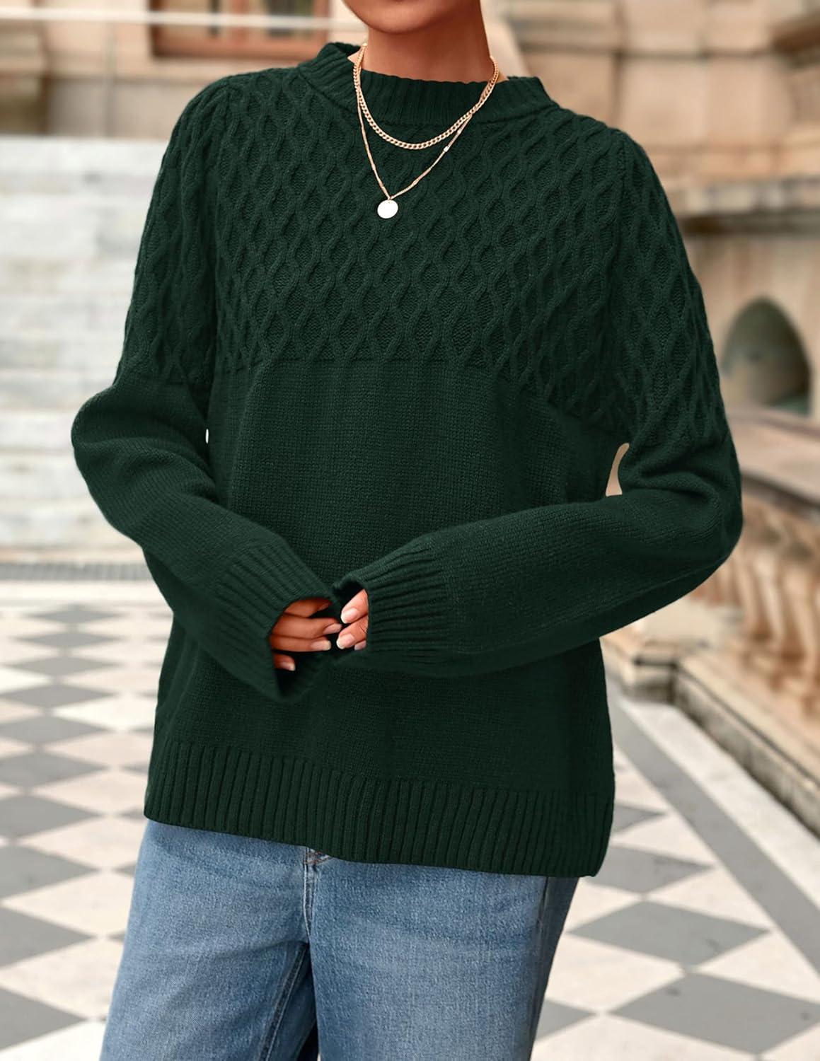 imagePRETTYGARDEN Oversized Sweaters for Women 2025 Fall Cute Cable Knit Long Sleeve Crewneck Chunky Pullover Tops Winter ClothingDark Green