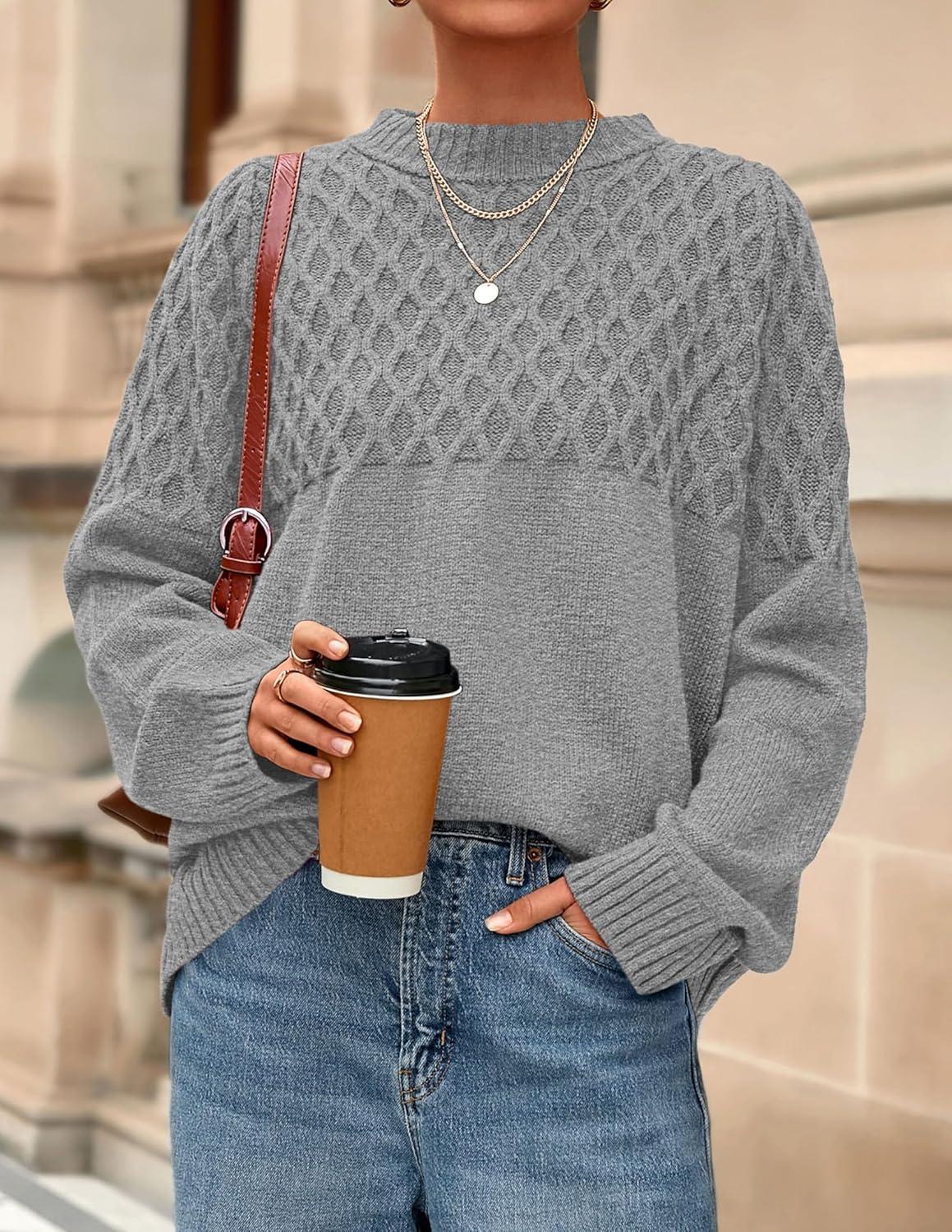imagePRETTYGARDEN Oversized Sweaters for Women 2025 Fall Cute Cable Knit Long Sleeve Crewneck Chunky Pullover Tops Winter ClothingGrey