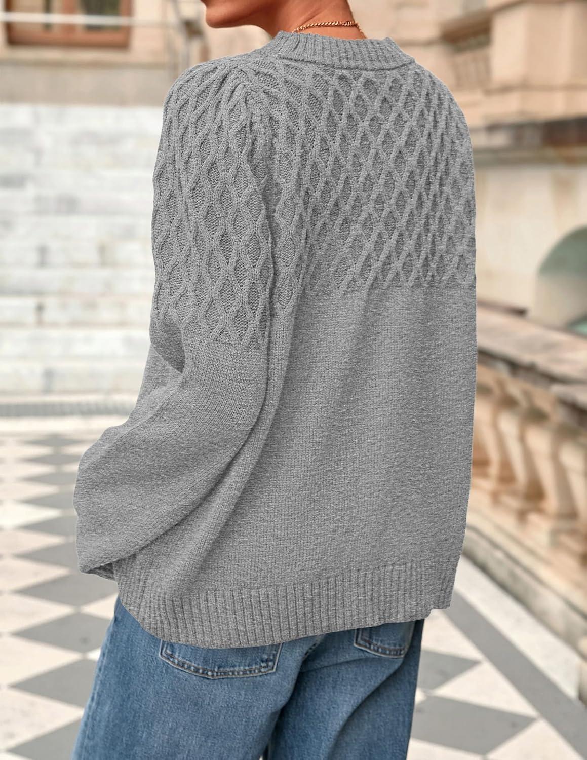 imagePRETTYGARDEN Oversized Sweaters for Women 2025 Fall Cute Cable Knit Long Sleeve Crewneck Chunky Pullover Tops Winter ClothingGrey