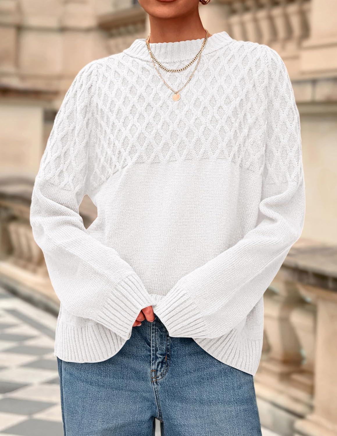 imagePRETTYGARDEN Oversized Sweaters for Women 2025 Fall Cute Cable Knit Long Sleeve Crewneck Chunky Pullover Tops Winter ClothingWhite