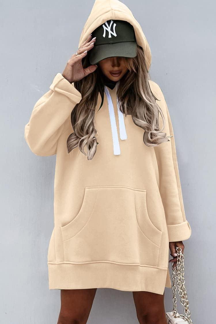 imagePRETTYGARDEN Oversized Sweatshirt for Women 2025 Fall Pullover Casual Long Sleeve Split Hem Hoodie Dress with Kangaroo PocketApricot
