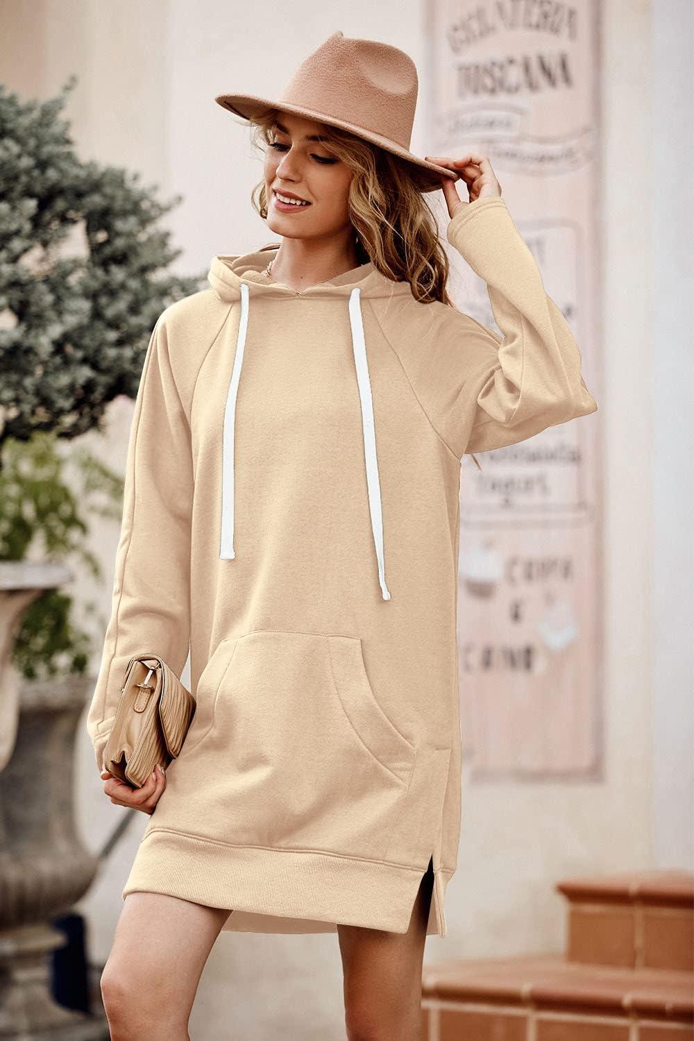 imagePRETTYGARDEN Oversized Sweatshirt for Women 2025 Fall Pullover Casual Long Sleeve Split Hem Hoodie Dress with Kangaroo PocketApricot