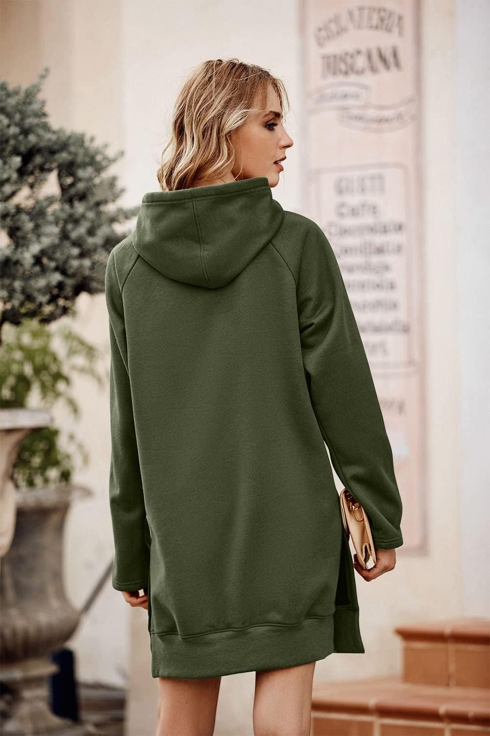 imagePRETTYGARDEN Oversized Sweatshirt for Women 2025 Fall Pullover Casual Long Sleeve Split Hem Hoodie Dress with Kangaroo PocketArmy Green