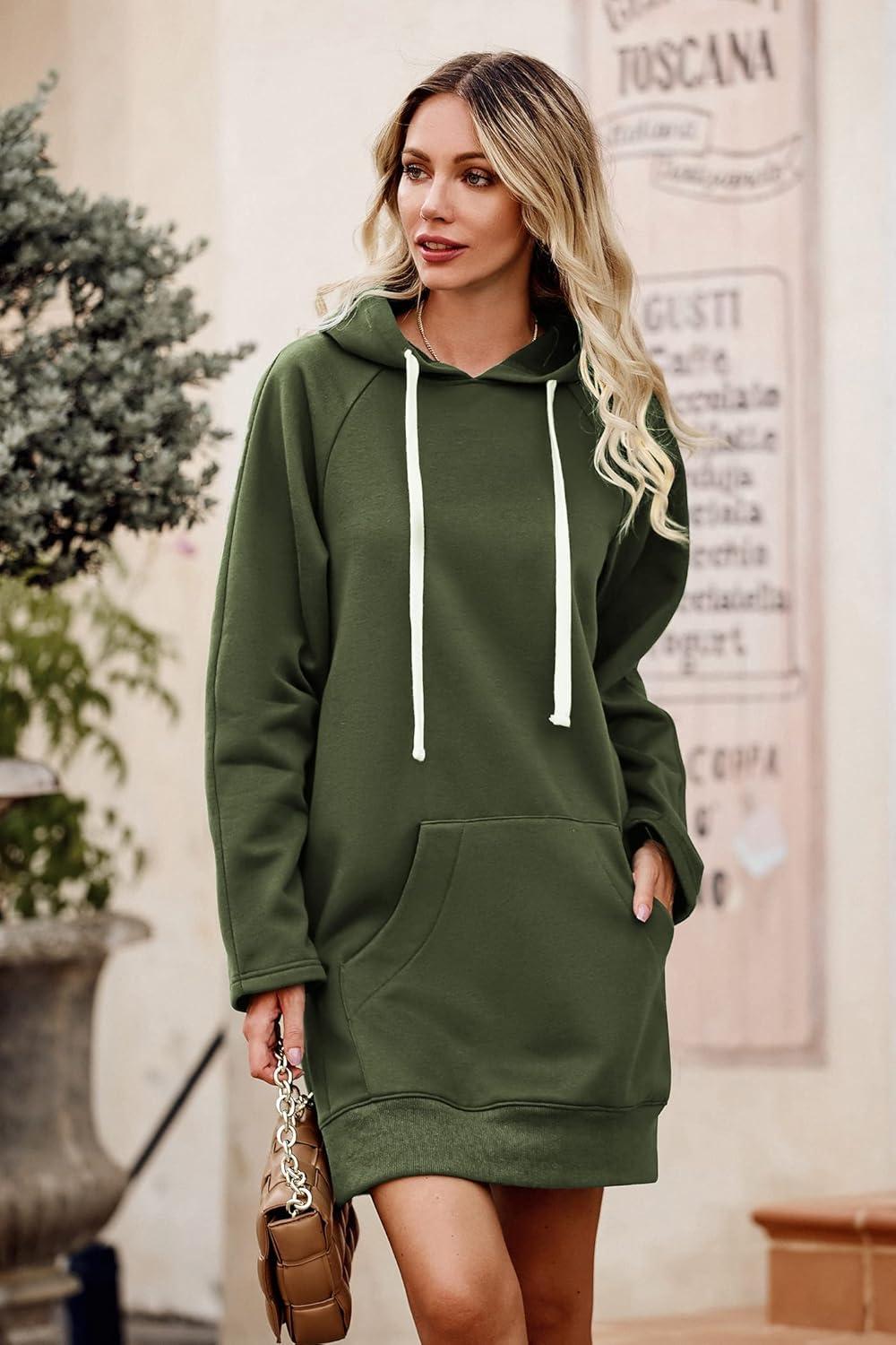 imagePRETTYGARDEN Oversized Sweatshirt for Women 2025 Fall Pullover Casual Long Sleeve Split Hem Hoodie Dress with Kangaroo PocketArmy Green