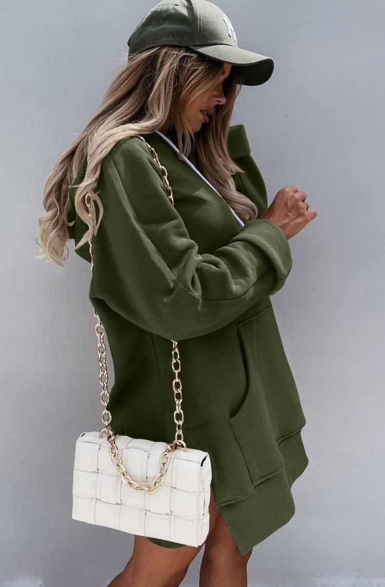 imagePRETTYGARDEN Oversized Sweatshirt for Women 2025 Fall Pullover Casual Long Sleeve Split Hem Hoodie Dress with Kangaroo PocketArmy Green
