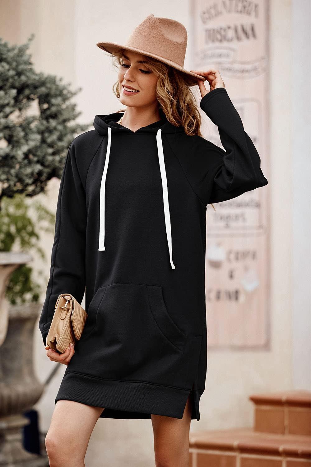 imagePRETTYGARDEN Oversized Sweatshirt for Women 2025 Fall Pullover Casual Long Sleeve Split Hem Hoodie Dress with Kangaroo PocketBlack