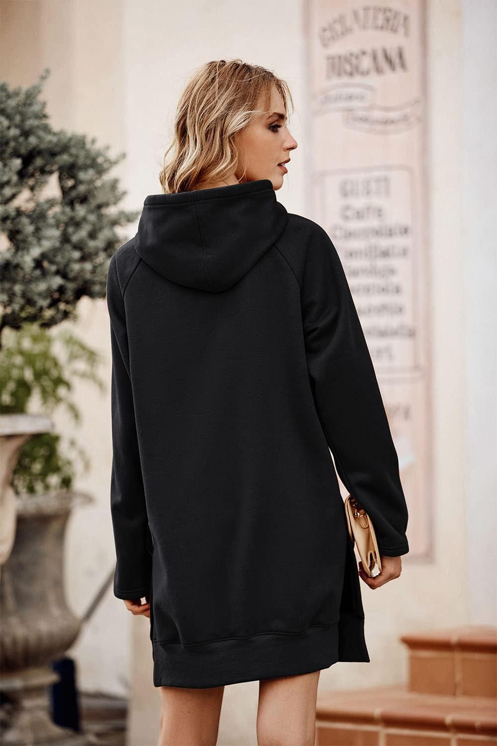 imagePRETTYGARDEN Oversized Sweatshirt for Women 2025 Fall Pullover Casual Long Sleeve Split Hem Hoodie Dress with Kangaroo PocketBlack