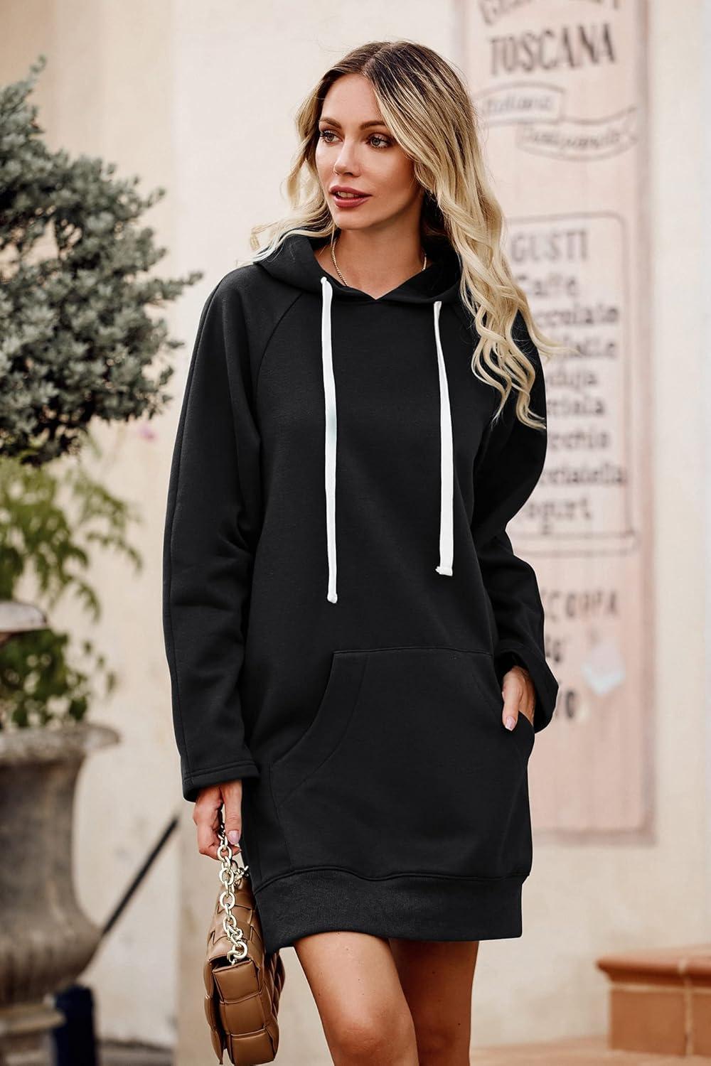 imagePRETTYGARDEN Oversized Sweatshirt for Women 2025 Fall Pullover Casual Long Sleeve Split Hem Hoodie Dress with Kangaroo PocketBlack