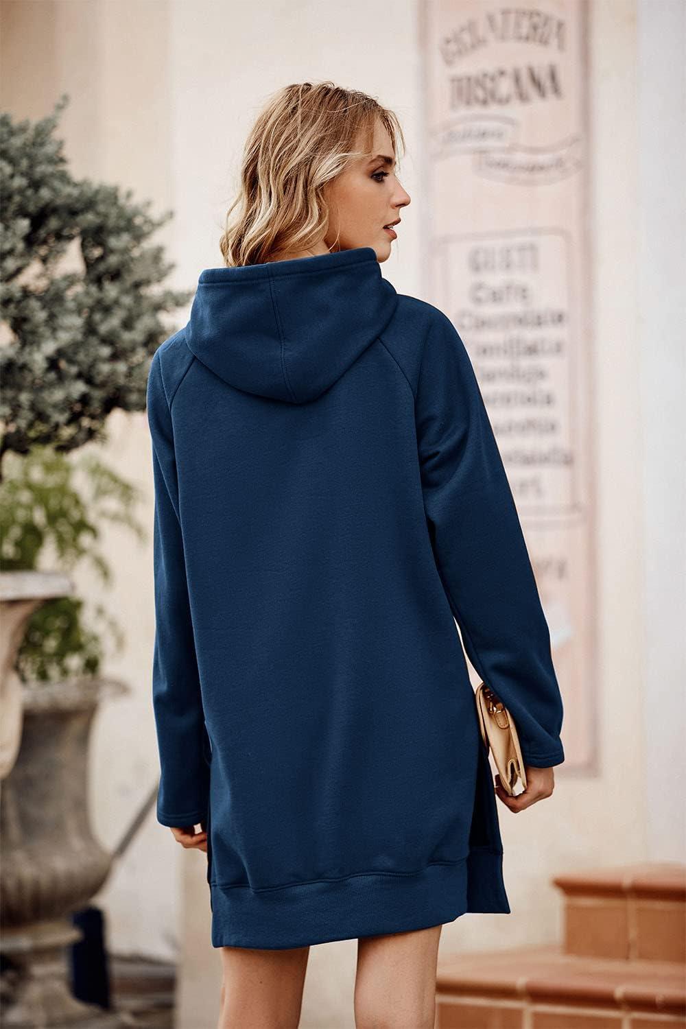 imagePRETTYGARDEN Oversized Sweatshirt for Women 2025 Fall Pullover Casual Long Sleeve Split Hem Hoodie Dress with Kangaroo PocketBlue