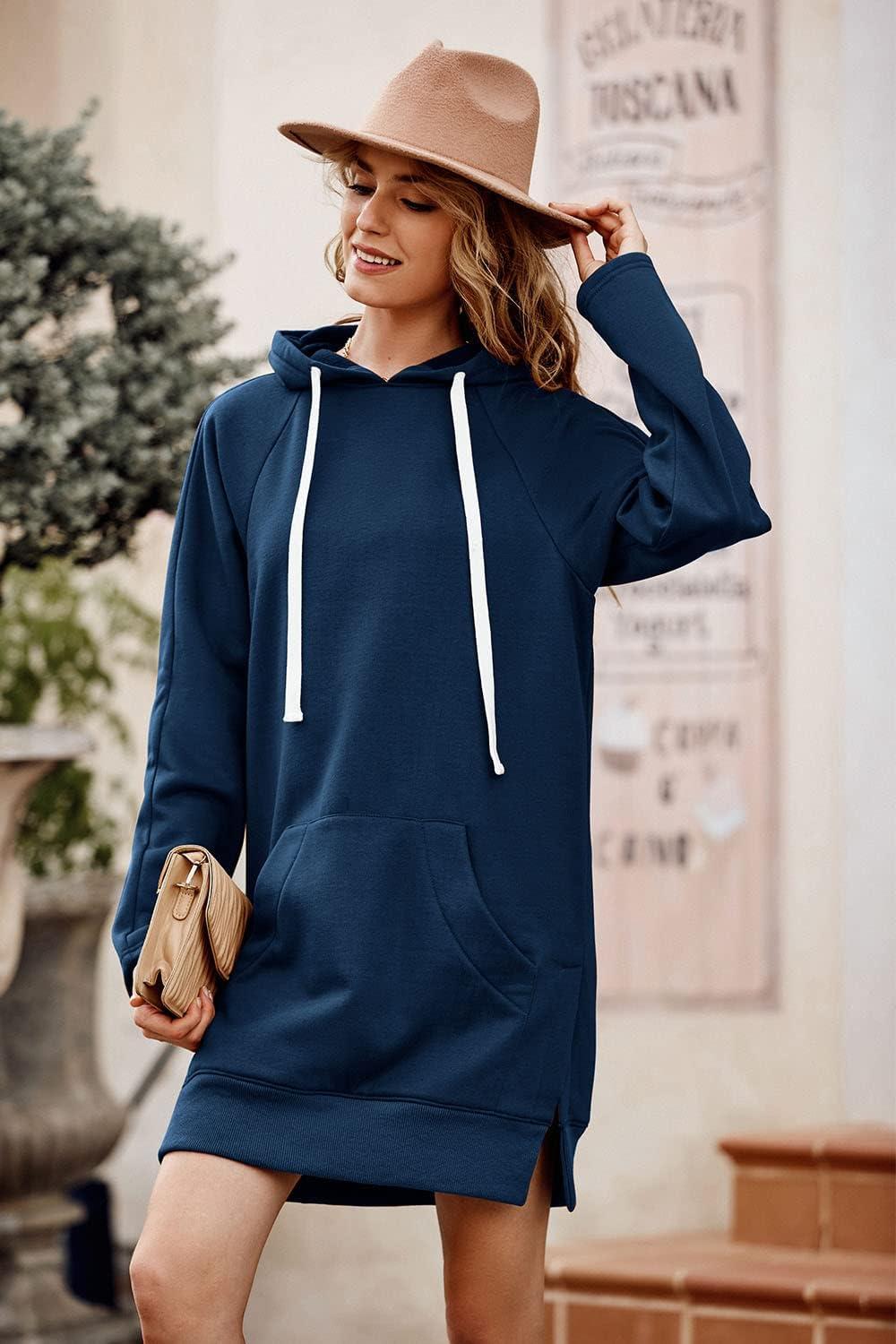 imagePRETTYGARDEN Oversized Sweatshirt for Women 2025 Fall Pullover Casual Long Sleeve Split Hem Hoodie Dress with Kangaroo PocketBlue