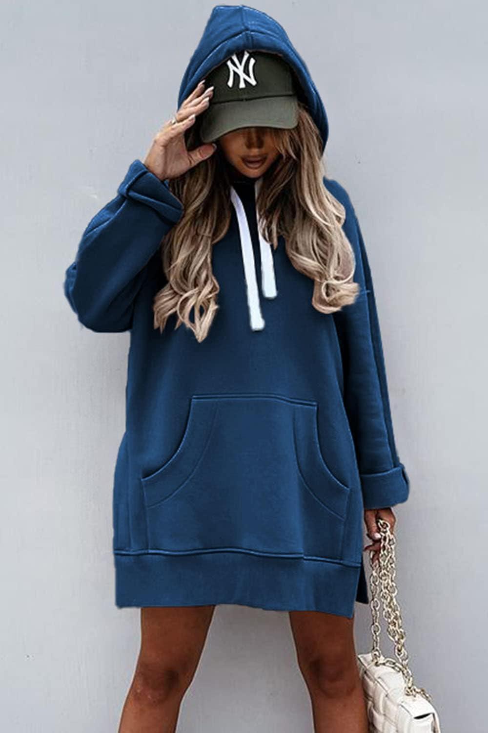 imagePRETTYGARDEN Oversized Sweatshirt for Women 2025 Fall Pullover Casual Long Sleeve Split Hem Hoodie Dress with Kangaroo PocketBlue