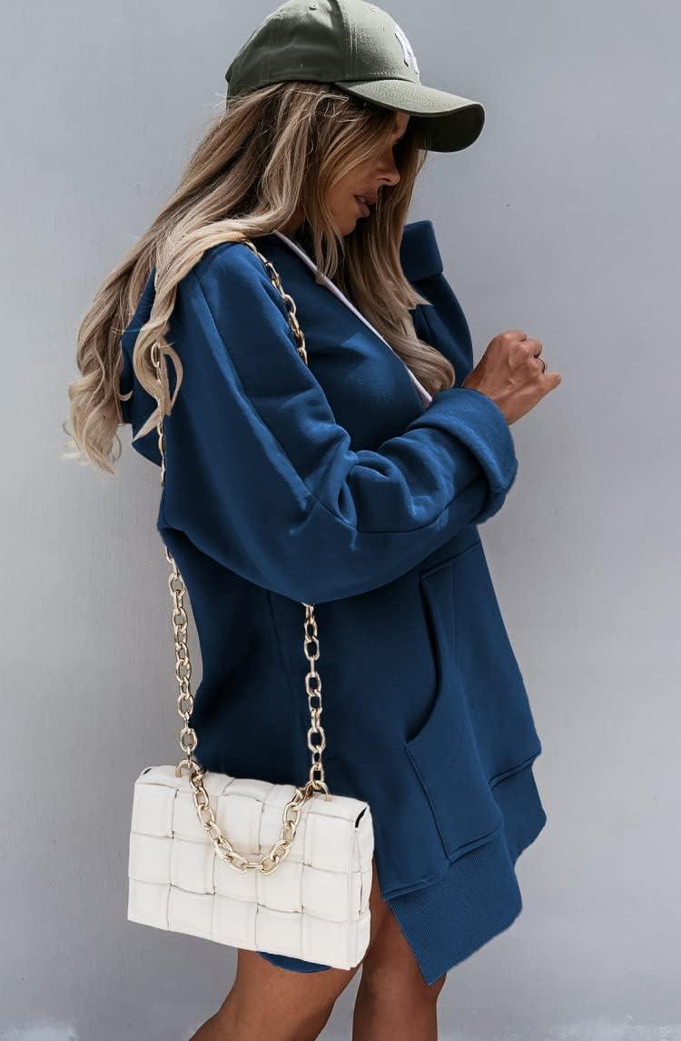 imagePRETTYGARDEN Oversized Sweatshirt for Women 2025 Fall Pullover Casual Long Sleeve Split Hem Hoodie Dress with Kangaroo PocketBlue