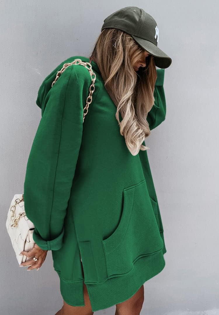 imagePRETTYGARDEN Oversized Sweatshirt for Women 2025 Fall Pullover Casual Long Sleeve Split Hem Hoodie Dress with Kangaroo PocketDark Green