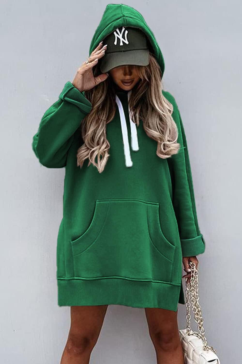 imagePRETTYGARDEN Oversized Sweatshirt for Women 2025 Fall Pullover Casual Long Sleeve Split Hem Hoodie Dress with Kangaroo PocketDark Green