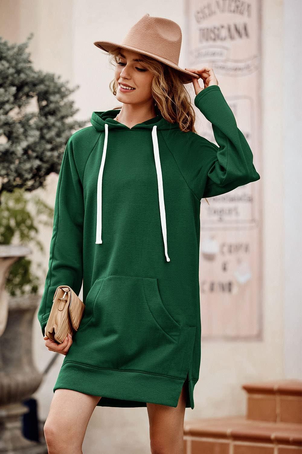 imagePRETTYGARDEN Oversized Sweatshirt for Women 2025 Fall Pullover Casual Long Sleeve Split Hem Hoodie Dress with Kangaroo PocketDark Green