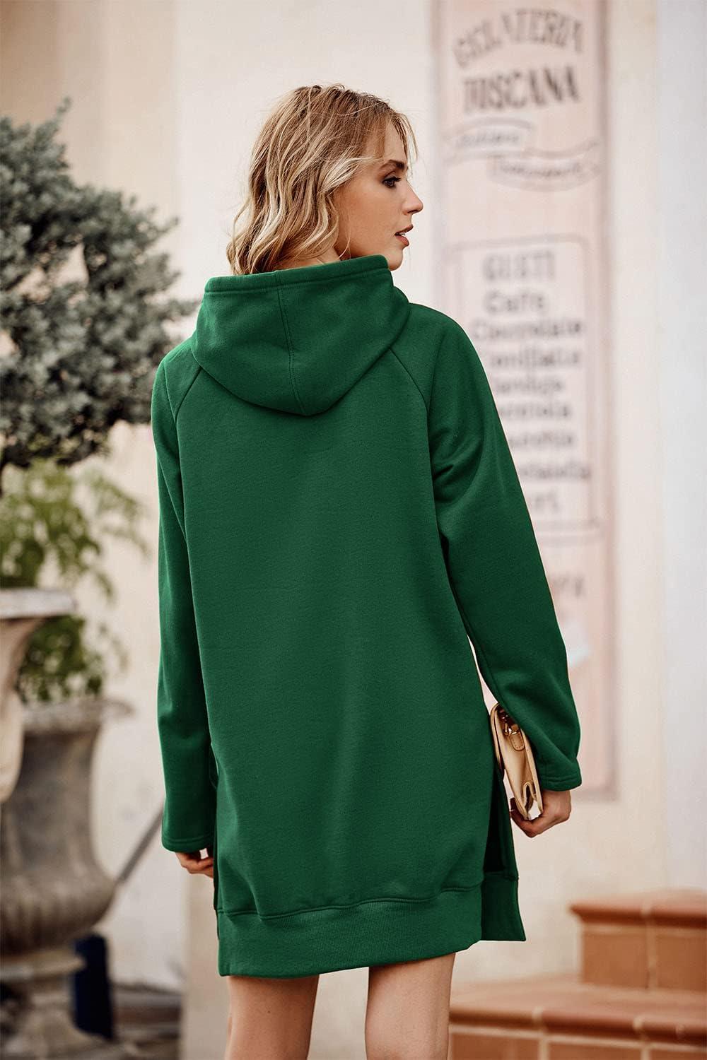 imagePRETTYGARDEN Oversized Sweatshirt for Women 2025 Fall Pullover Casual Long Sleeve Split Hem Hoodie Dress with Kangaroo PocketDark Green