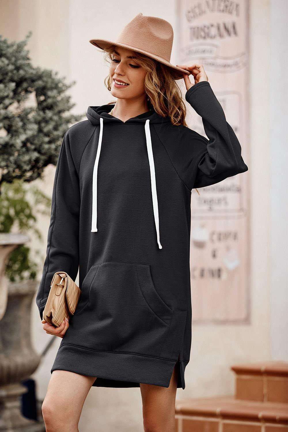 imagePRETTYGARDEN Oversized Sweatshirt for Women 2025 Fall Pullover Casual Long Sleeve Split Hem Hoodie Dress with Kangaroo PocketDark Grey