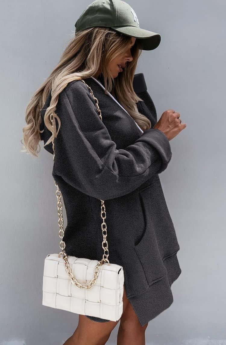 imagePRETTYGARDEN Oversized Sweatshirt for Women 2025 Fall Pullover Casual Long Sleeve Split Hem Hoodie Dress with Kangaroo PocketDark Grey