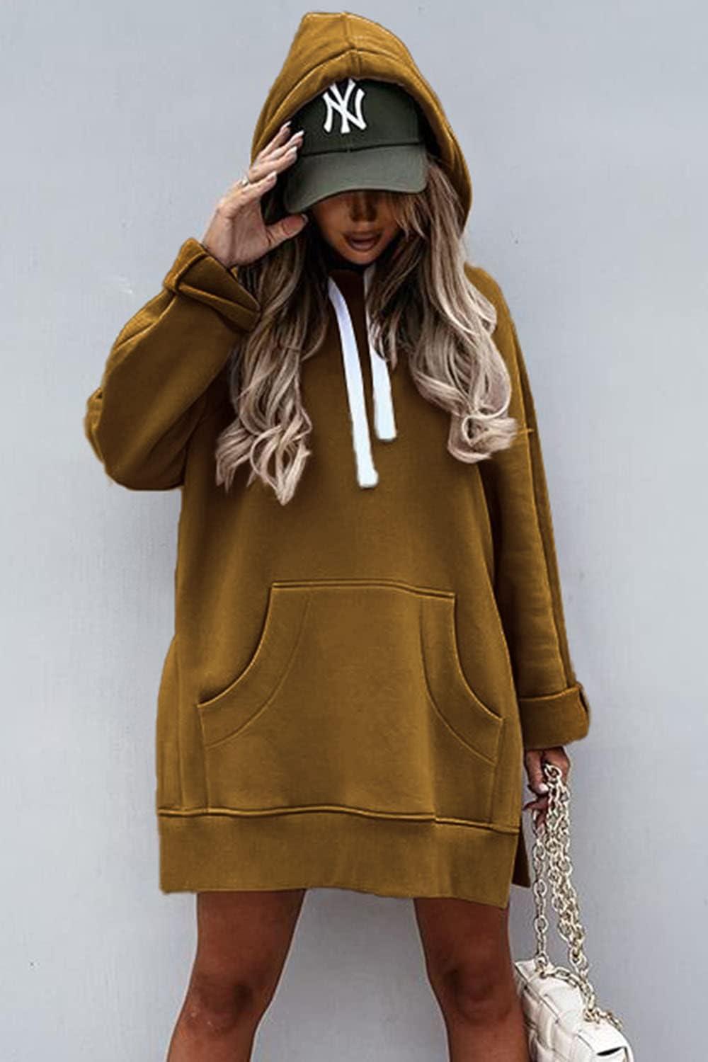 imagePRETTYGARDEN Oversized Sweatshirt for Women 2025 Fall Pullover Casual Long Sleeve Split Hem Hoodie Dress with Kangaroo PocketDark Khaki