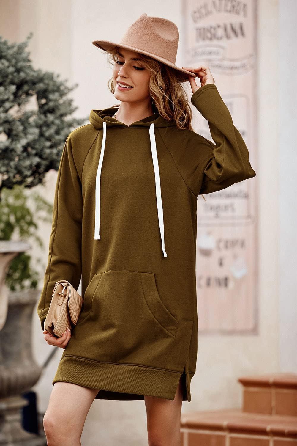 imagePRETTYGARDEN Oversized Sweatshirt for Women 2025 Fall Pullover Casual Long Sleeve Split Hem Hoodie Dress with Kangaroo PocketDark Khaki